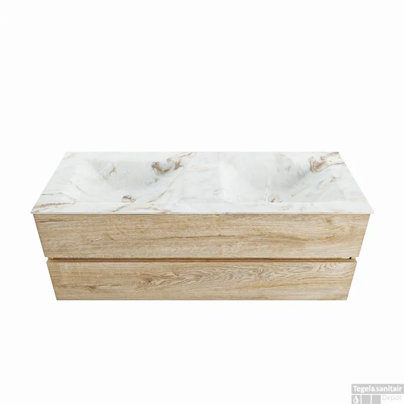 Gratis Retour MONDIAZ VICA-DLUX 130cm badmeubel onderkast Washed Oak 2 lades. Inbouw wastafel CLOUD dubbel zonder kraangat, kleur Frappe.