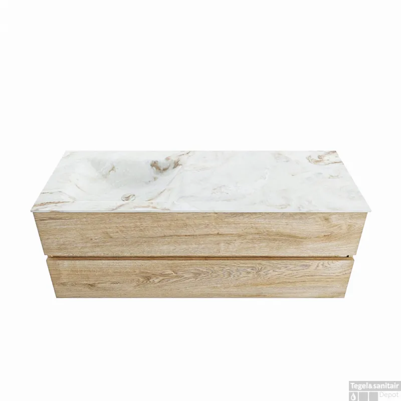 Gecertificeerd MONDIAZ VICA-DLUX 130cm badmeubel onderkast Washed Oak 2 lades. Inbouw wastafel CLOUD links 1 kraangat, kleur Frappe.