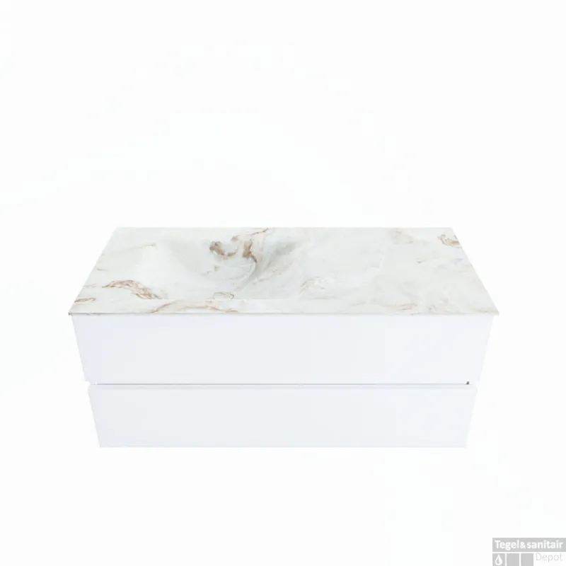 Merkproduct MONDIAZ VICA-DLUX 110cm badmeubel onderkast Talc 2 lades. Inbouw wastafel CLOUD links 1 kraangat, kleur Frappe.