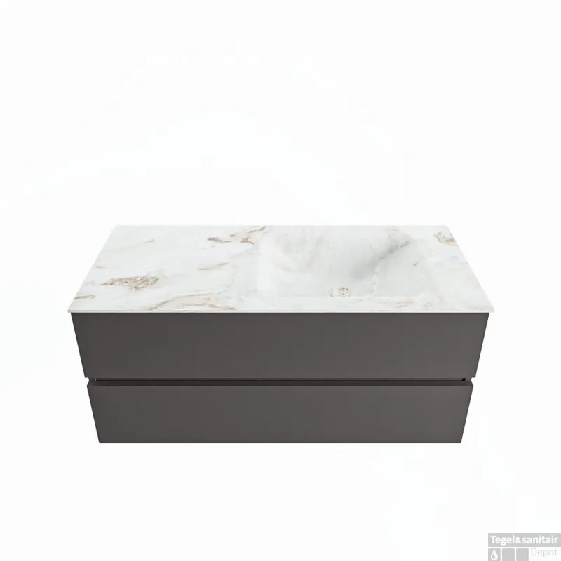 Flitsaanbieding MONDIAZ VICA-DLUX 110cm badmeubel onderkast Dark grey 2 lades. Inbouw wastafel CLOUD rechts zonder kraangat, kleur Frappe.