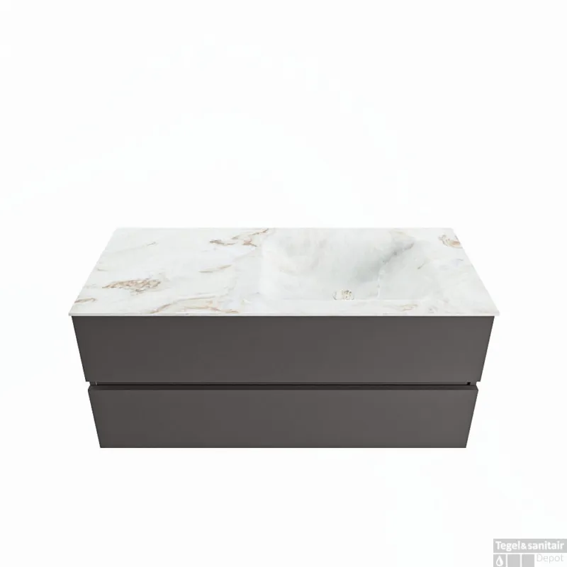 MONDIAZ VICA-DLUX 110cm badmeubel onderkast Dark grey 2 lades. Inbouw wastafel CLOUD rechts 1 kraangat, kleur Frappe. Express Levering