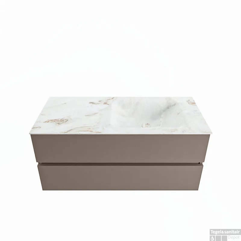 Bestseller MONDIAZ VICA-DLUX 110cm badmeubel onderkast Smoke 2 lades. Inbouw wastafel CLOUD rechts zonder kraangat, kleur Frappe.