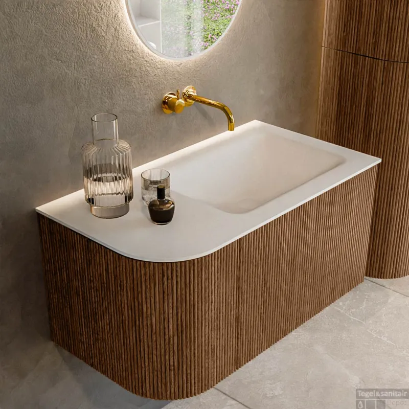 Mondiaz KURVE 85 cm Onderkast Greeploos 1 Lade Met Deuren Walnut, Wastafel Solid Surface Rechts Talc 0 Kraangaten Zonder Spiegel (KRVCLO85L1L1D0KR-Wal/Tal) Koop Online