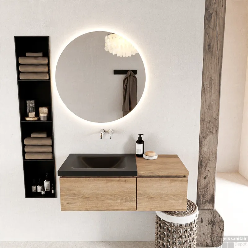 MONDIAZ BUKLA 100cm badmeubel met module 40 kleur Washed Oak met 2 lades. Wastafel CLOUD links 0 kraangaten kleur Urban. Shop Nu