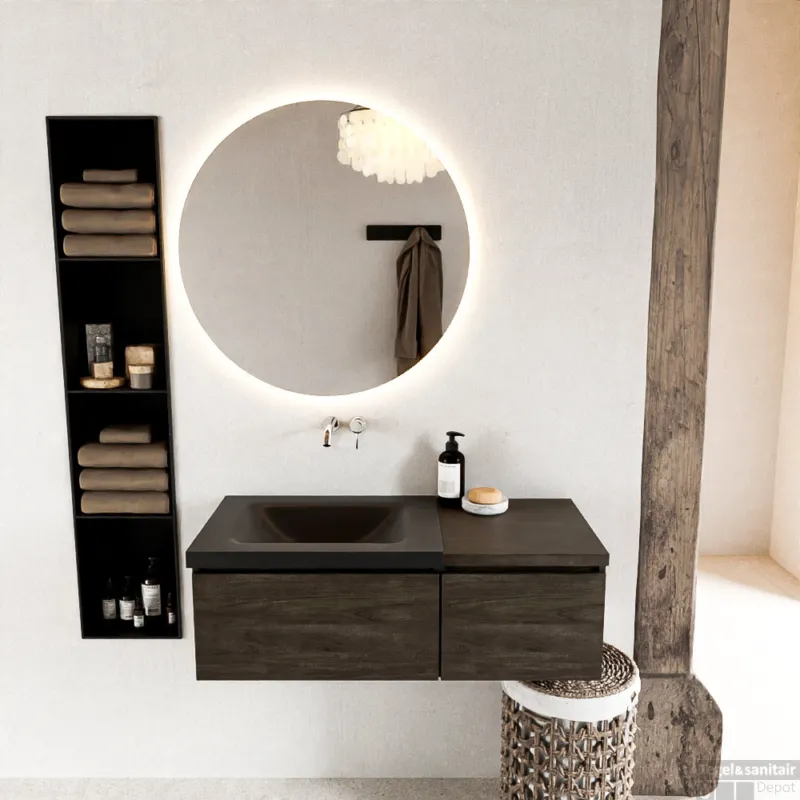 MONDIAZ BUKLA 100cm badmeubel met module 40 kleur Dark Brown met 2 lades. Wastafel CLOUD links 0 kraangaten kleur Urban. Dagaanbieding