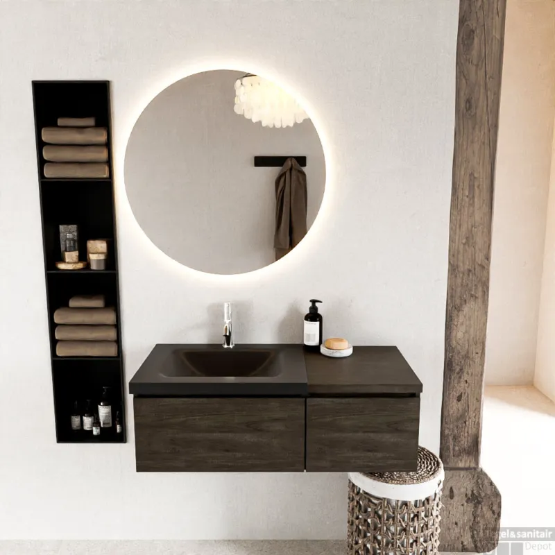 Lage Prijs MONDIAZ BUKLA 100cm badmeubel met module 40 kleur Dark Brown met 2 lades. Wastafel CLOUD links 1 kraangat kleur Urban.