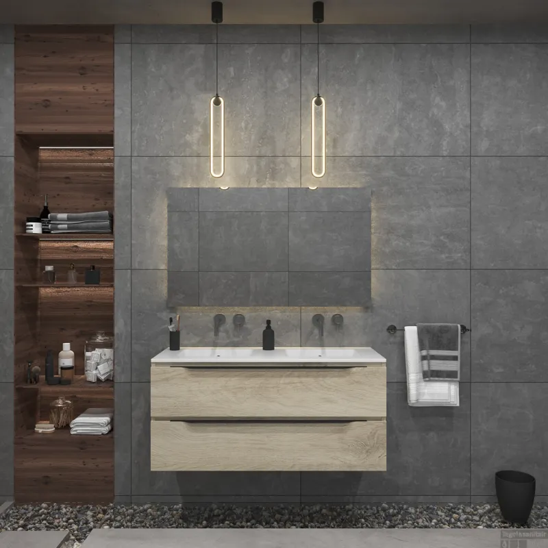 Badkamermeubelset Gliss Design Hera Mat Zwart 120cm 4 Laden Licht Grijs Eiken (Keuze Wastafel) Gratis Retour
