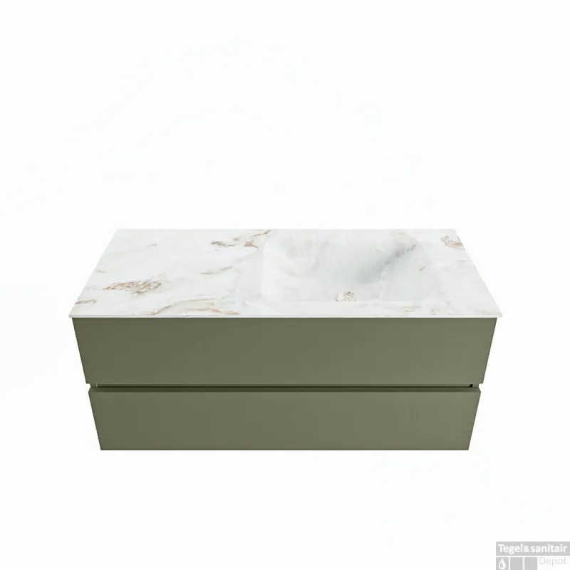 Direct Verzonden MONDIAZ VICA-DLUX 110cm badmeubel onderkast Army 2 lades. Inbouw wastafel CLOUD rechts zonder kraangat, kleur Frappe.