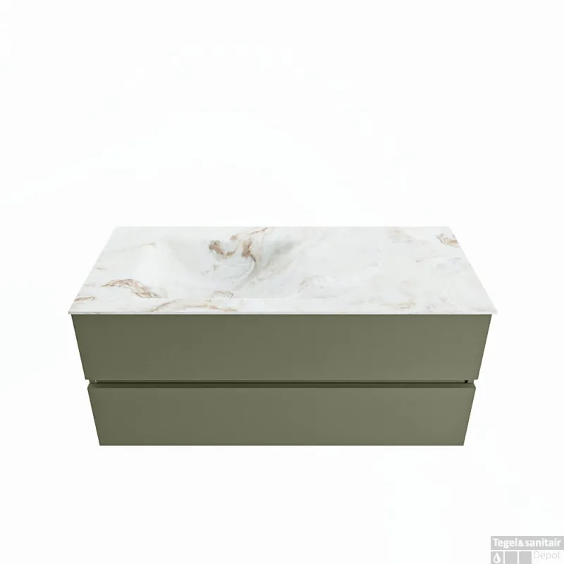 MONDIAZ VICA-DLUX 110cm badmeubel onderkast Army 2 lades. Inbouw wastafel CLOUD links 1 kraangat, kleur Frappe. Meest Verkocht