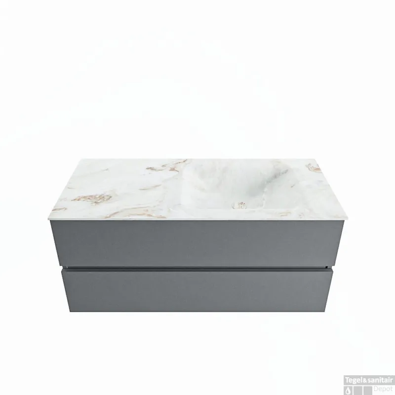 Op = Op MONDIAZ VICA-DLUX 110cm badmeubel onderkast Plata 2 lades. Inbouw wastafel CLOUD rechts zonder kraangat, kleur Frappe.