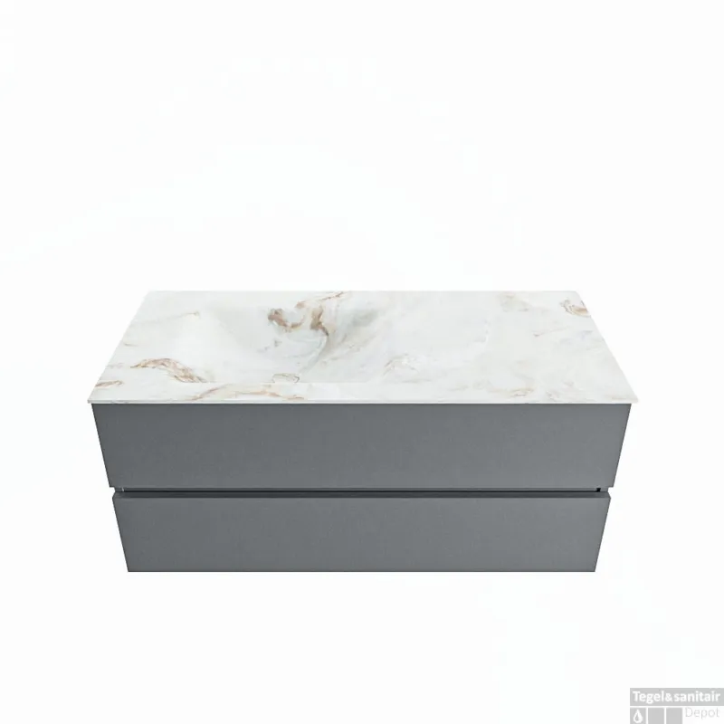 Beperkte Voorraad MONDIAZ VICA-DLUX 110cm badmeubel onderkast Plata 2 lades. Inbouw wastafel CLOUD links 1 kraangat, kleur Frappe.
