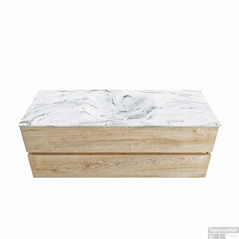 MONDIAZ VICA-DLUX 130cm badmeubel onderkast Washed Oak 2 lades. Inbouw wastafel CLOUD midden zonder kraangat, kleur Glace. Direct Beschikbaar