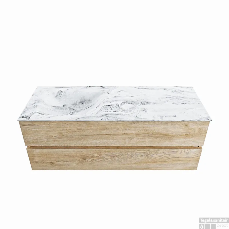 Gereduceerde Prijs MONDIAZ VICA-DLUX 130cm badmeubel onderkast Washed Oak 2 lades. Inbouw wastafel CLOUD links zonder kraangat, kleur Glace.
