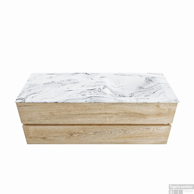 Hete Deal MONDIAZ VICA-DLUX 130cm badmeubel onderkast Washed Oak 2 lades. Inbouw wastafel CLOUD rechts zonder kraangat, kleur Glace.