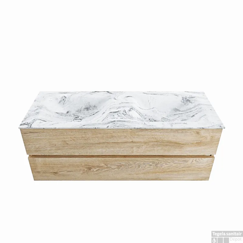 Rechtstreeks Van De Fabrikant MONDIAZ VICA-DLUX 130cm badmeubel onderkast Washed Oak 2 lades. Inbouw wastafel CLOUD dubbel zonder kraangat, kleur Glace.