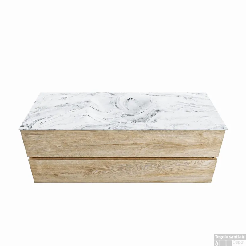 Beste Prijs MONDIAZ VICA-DLUX 130cm badmeubel onderkast Washed Oak 2 lades. Inbouw wastafel CLOUD midden 1 kraangat, kleur Glace.