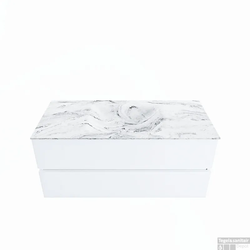 MONDIAZ VICA-DLUX 110cm badmeubel onderkast Talc 2 lades. Inbouw wastafel CLOUD midden zonder kraangat, kleur Glace. Beperkte Voorraad