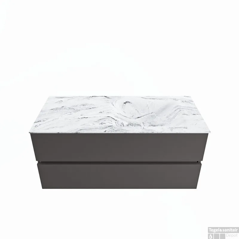 Superprijs MONDIAZ VICA-DLUX 110cm badmeubel onderkast Dark grey 2 lades. Inbouw wastafel CLOUD rechts zonder kraangat, kleur Glace.