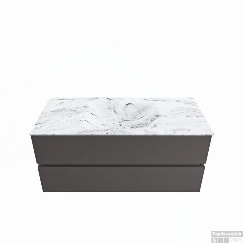 Snelle Levering MONDIAZ VICA-DLUX 110cm badmeubel onderkast Dark grey 2 lades. Inbouw wastafel CLOUD midden 1 kraangat, kleur Glace.