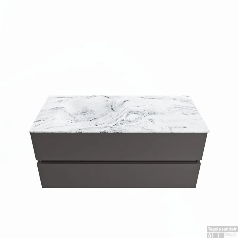 MONDIAZ VICA-DLUX 110cm badmeubel onderkast Dark grey 2 lades. Inbouw wastafel CLOUD links 1 kraangat, kleur Glace. Meest Verkocht