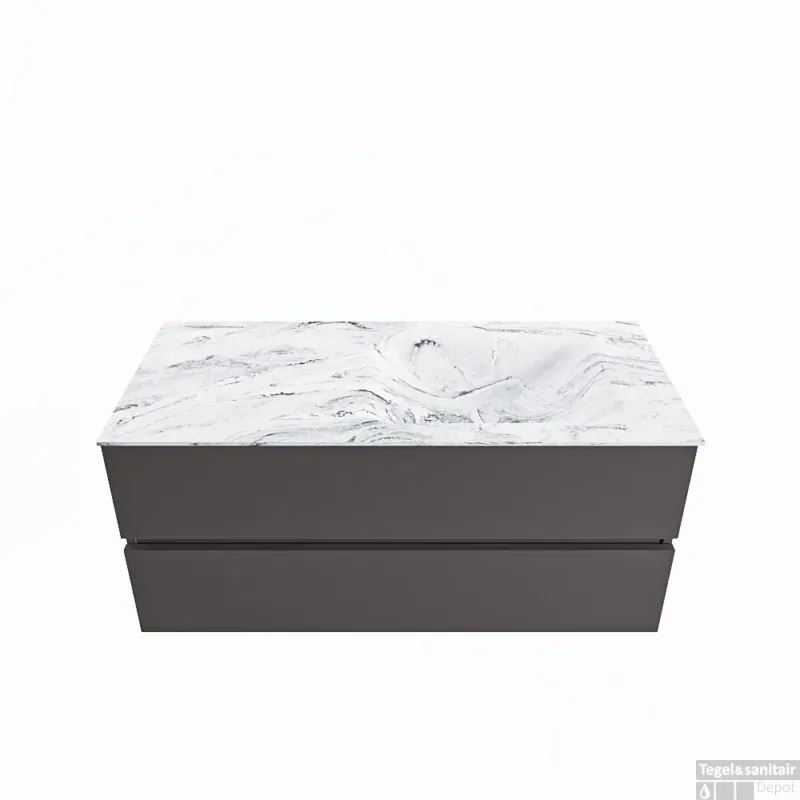 MONDIAZ VICA-DLUX 110cm badmeubel onderkast Dark grey 2 lades. Inbouw wastafel CLOUD rechts 1 kraangat, kleur Glace. Finale Uitverkoop