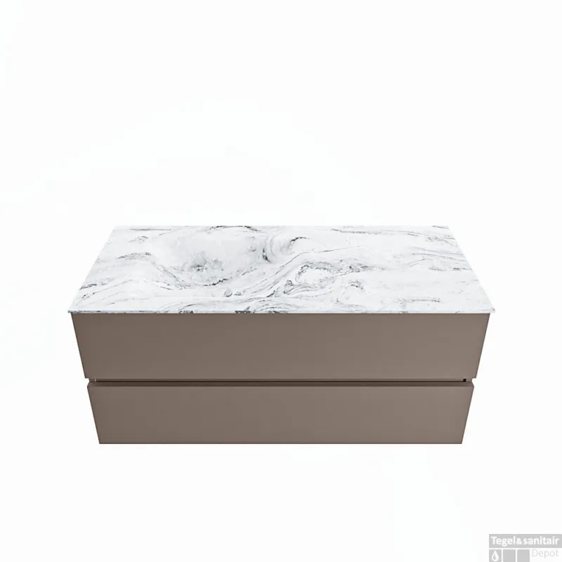 Speciale Aanbieding MONDIAZ VICA-DLUX 110cm badmeubel onderkast Smoke 2 lades. Inbouw wastafel CLOUD links zonder kraangat, kleur Glace.