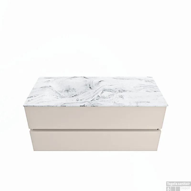 MONDIAZ VICA-DLUX 110cm badmeubel onderkast Linen 2 lades. Inbouw wastafel CLOUD links zonder kraangat, kleur Glace. Speciale Aanbieding