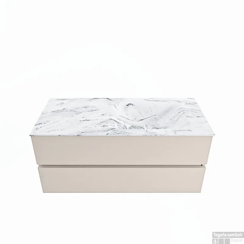 MONDIAZ VICA-DLUX 110cm badmeubel onderkast Linen 2 lades. Inbouw wastafel CLOUD rechts zonder kraangat, kleur Glace. Gratis Retour