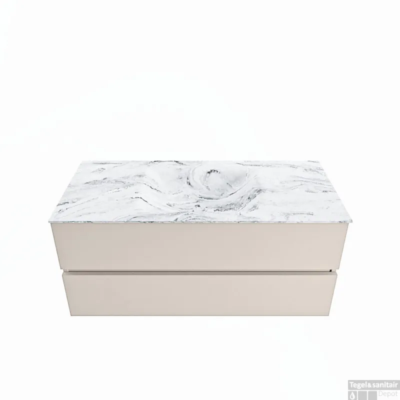 MONDIAZ VICA-DLUX 110cm badmeubel onderkast Linen 2 lades. Inbouw wastafel CLOUD midden 1 kraangat, kleur Glace. Hete Deal