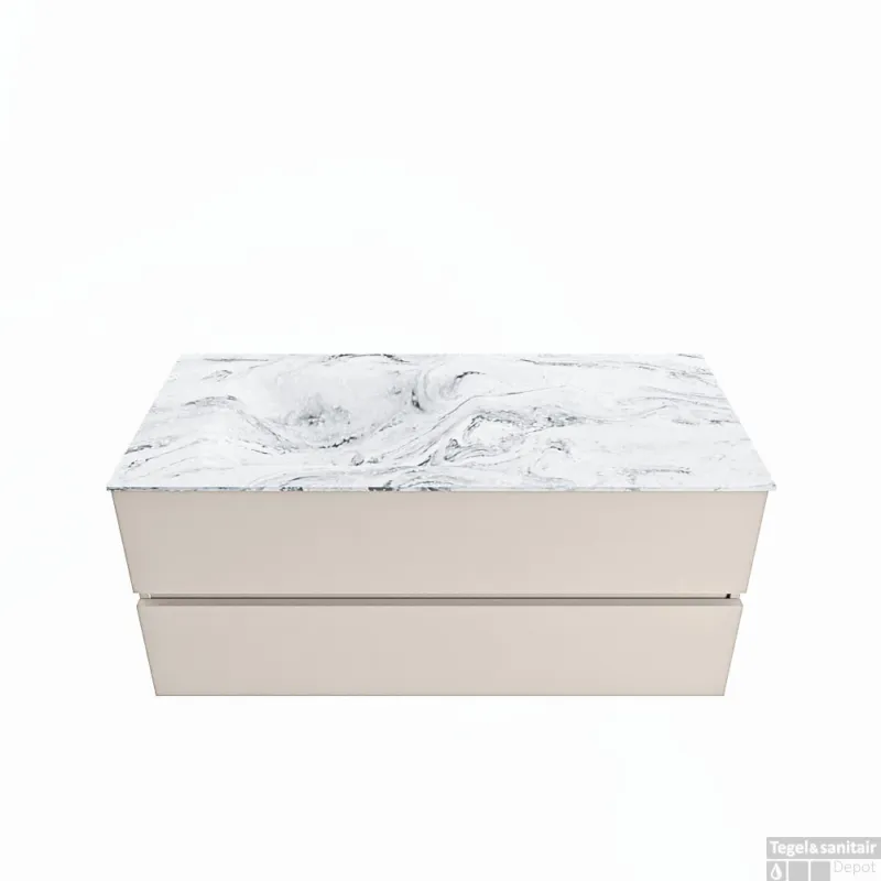 Gereduceerde Prijs MONDIAZ VICA-DLUX 110cm badmeubel onderkast Linen 2 lades. Inbouw wastafel CLOUD links 1 kraangat, kleur Glace.