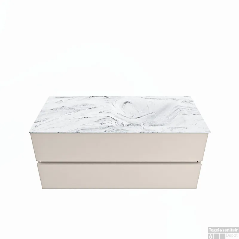 MONDIAZ VICA-DLUX 110cm badmeubel onderkast Linen 2 lades. Inbouw wastafel CLOUD rechts 1 kraangat, kleur Glace. Tijdelijk Beschikbaar
