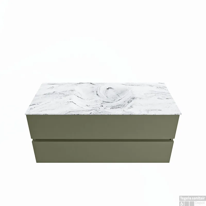 Beperkt Aanbod MONDIAZ VICA-DLUX 110cm badmeubel onderkast Army 2 lades. Inbouw wastafel CLOUD midden zonder kraangat, kleur Glace.