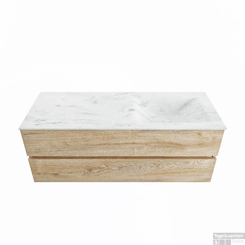 MONDIAZ VICA-DLUX 130cm badmeubel onderkast Washed Oak 2 lades. Inbouw wastafel CLOUD rechts zonder kraangat, kleur Opalo. Op = Op