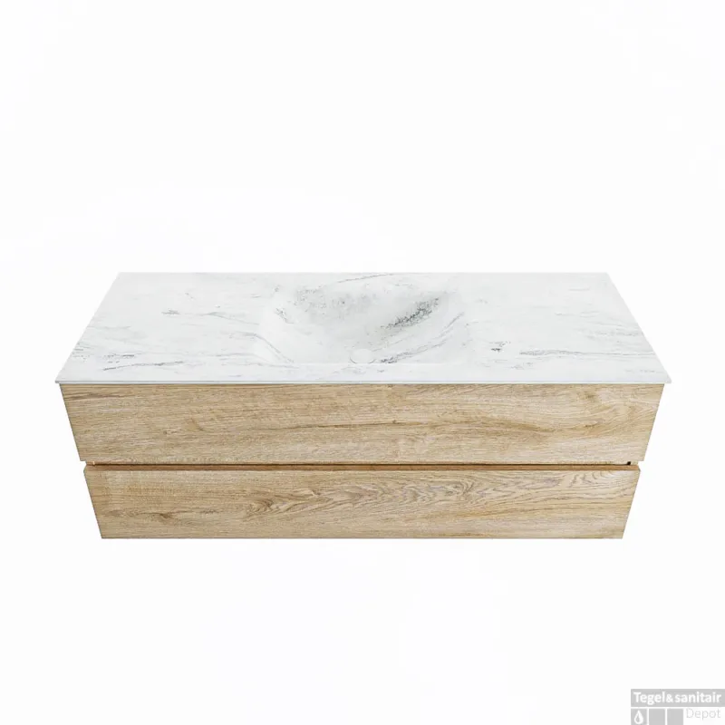 Actieprijs MONDIAZ VICA-DLUX 130cm badmeubel onderkast Washed Oak 2 lades. Inbouw wastafel CLOUD midden 1 kraangat, kleur Opalo.