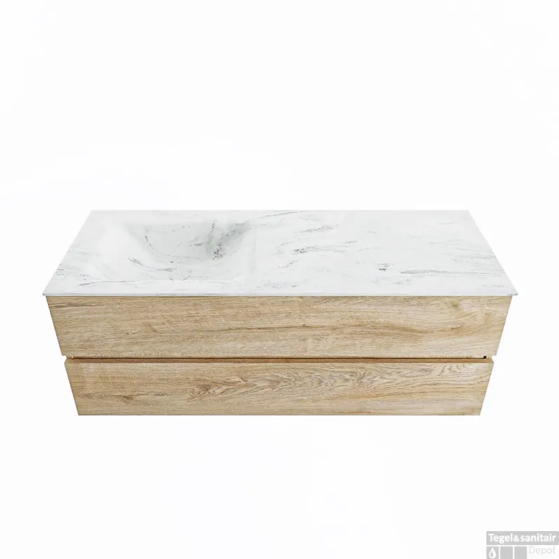 MONDIAZ VICA-DLUX 130cm badmeubel onderkast Washed Oak 2 lades. Inbouw wastafel CLOUD links 1 kraangat, kleur Opalo. Gecertificeerd