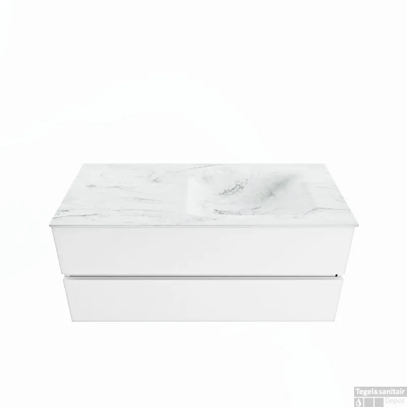 Snelle Levering MONDIAZ VICA-DLUX 110cm badmeubel onderkast Talc 2 lades. Inbouw wastafel CLOUD rechts 1 kraangat, kleur Opalo.