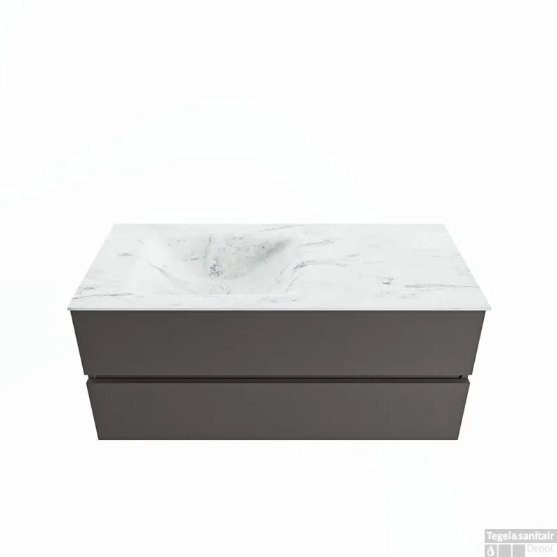 MONDIAZ VICA-DLUX 110cm badmeubel onderkast Dark grey 2 lades. Inbouw wastafel CLOUD links 1 kraangat, kleur Opalo. Speciale Aanbieding