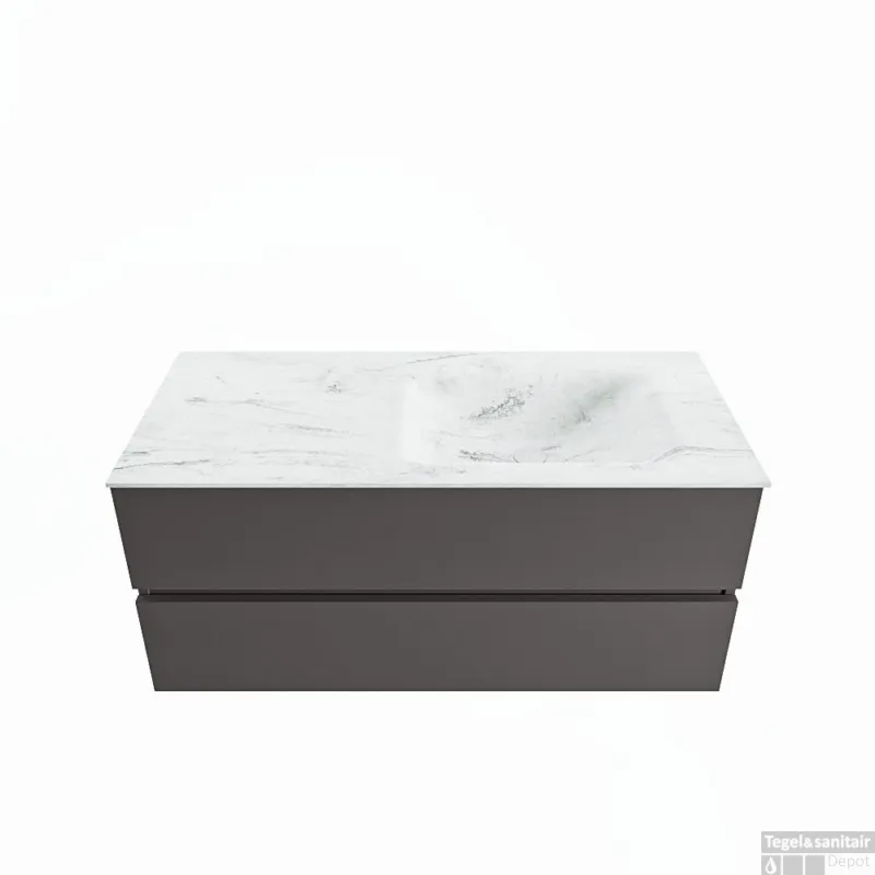 MONDIAZ VICA-DLUX 110cm badmeubel onderkast Dark grey 2 lades. Inbouw wastafel CLOUD rechts 1 kraangat, kleur Opalo. Aanbieding