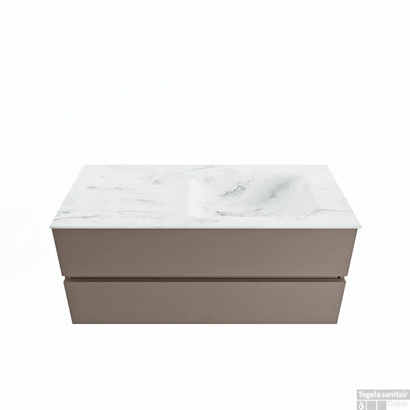 Speciale Aanbieding MONDIAZ VICA-DLUX 110cm badmeubel onderkast Smoke 2 lades. Inbouw wastafel CLOUD rechts 1 kraangat, kleur Opalo.