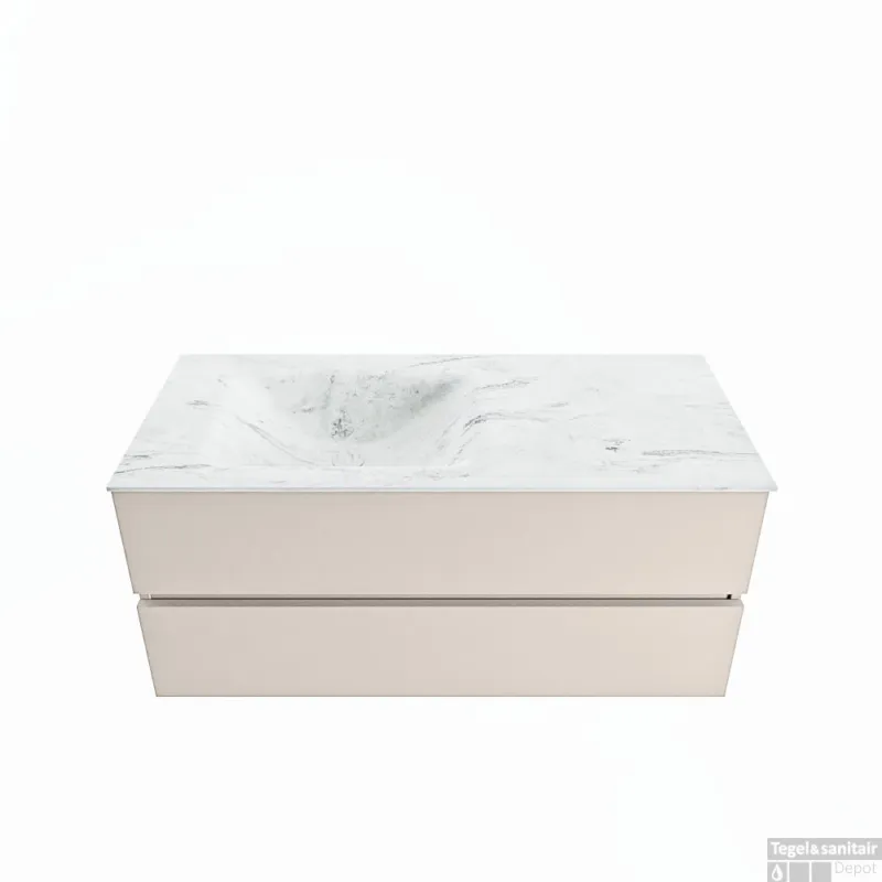 MONDIAZ VICA-DLUX 110cm badmeubel onderkast Linen 2 lades. Inbouw wastafel CLOUD links zonder kraangat, kleur Opalo. Laatste Versie