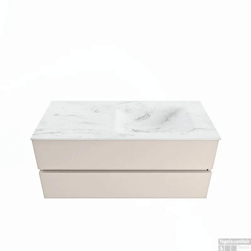MONDIAZ VICA-DLUX 110cm badmeubel onderkast Linen 2 lades. Inbouw wastafel CLOUD rechts zonder kraangat, kleur Opalo. Laatste Versie