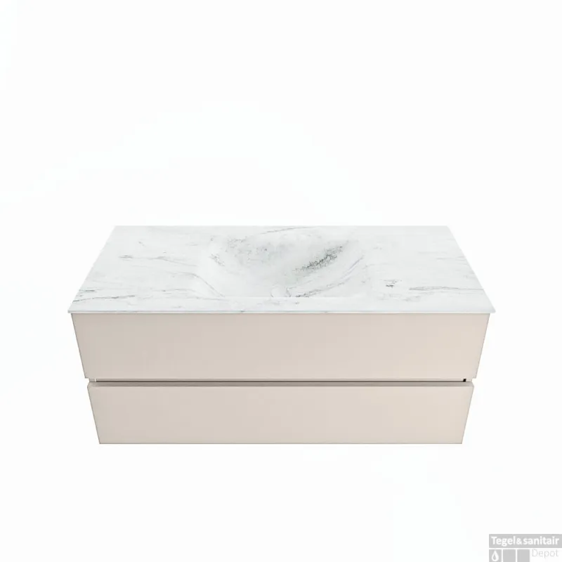 Bestseller MONDIAZ VICA-DLUX 110cm badmeubel onderkast Linen 2 lades. Inbouw wastafel CLOUD midden 1 kraangat, kleur Opalo.