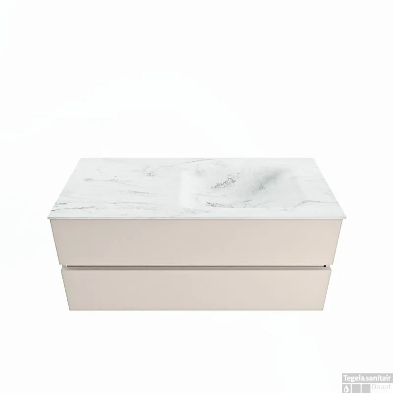 MONDIAZ VICA-DLUX 110cm badmeubel onderkast Linen 2 lades. Inbouw wastafel CLOUD rechts 1 kraangat, kleur Opalo. Tijdelijk Beschikbaar