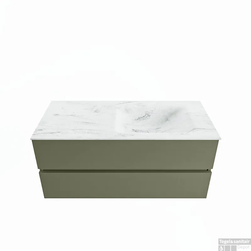 Finale Uitverkoop MONDIAZ VICA-DLUX 110cm badmeubel onderkast Army 2 lades. Inbouw wastafel CLOUD rechts zonder kraangat, kleur Opalo.