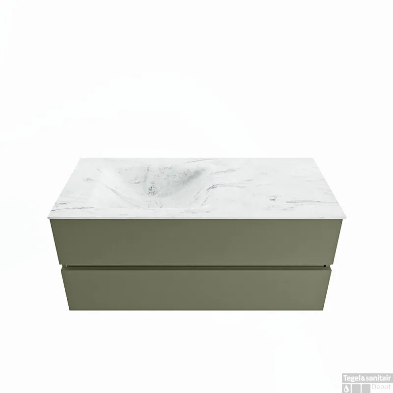 MONDIAZ VICA-DLUX 110cm badmeubel onderkast Army 2 lades. Inbouw wastafel CLOUD links 1 kraangat, kleur Opalo. Fabrieksprijs