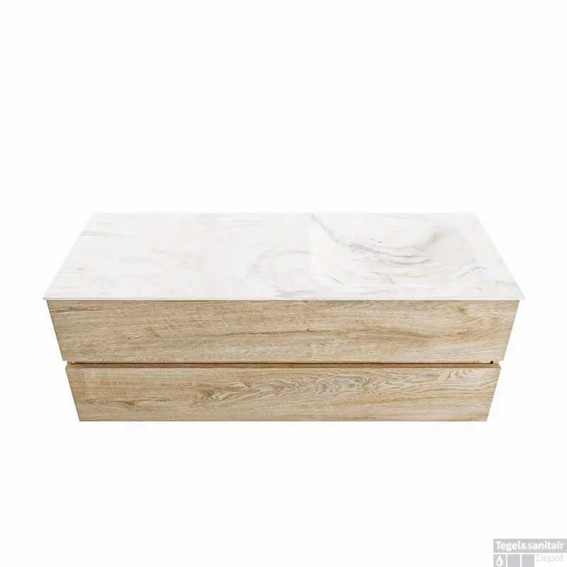 Op = Op MONDIAZ VICA-DLUX 130cm badmeubel onderkast Washed Oak 2 lades. Inbouw wastafel CLOUD rechts zonder kraangat, kleur Ostra.