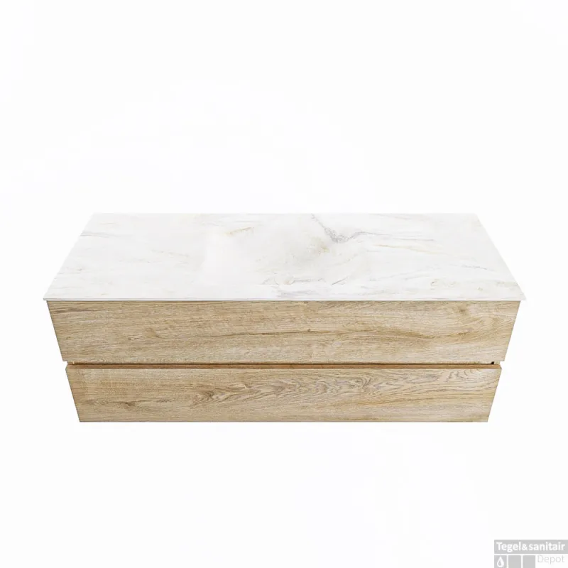 MONDIAZ VICA-DLUX 130cm badmeubel onderkast Washed Oak 2 lades. Inbouw wastafel CLOUD midden 1 kraangat, kleur Ostra. Finale Uitverkoop
