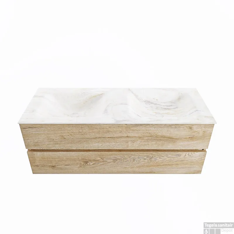 MONDIAZ VICA-DLUX 130cm badmeubel onderkast Washed Oak 2 lades. Inbouw wastafel CLOUD dubbel 2 kraangaten, kleur Ostra. Beperkt Aanbod