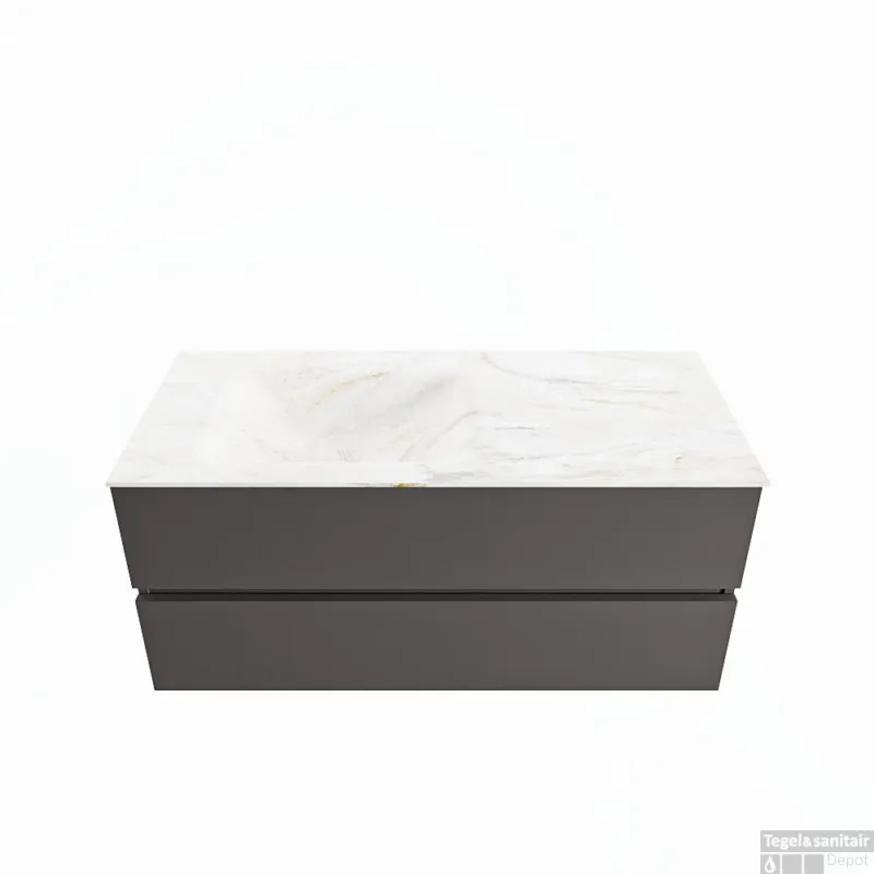 Op = Op MONDIAZ VICA-DLUX 110cm badmeubel onderkast Dark grey 2 lades. Inbouw wastafel CLOUD links zonder kraangat, kleur Ostra.