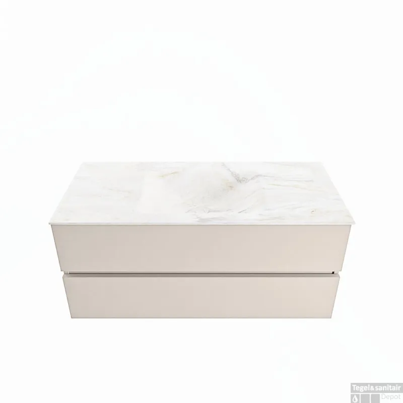 MONDIAZ VICA-DLUX 110cm badmeubel onderkast Linen 2 lades. Inbouw wastafel CLOUD midden zonder kraangat, kleur Ostra. Superprijs